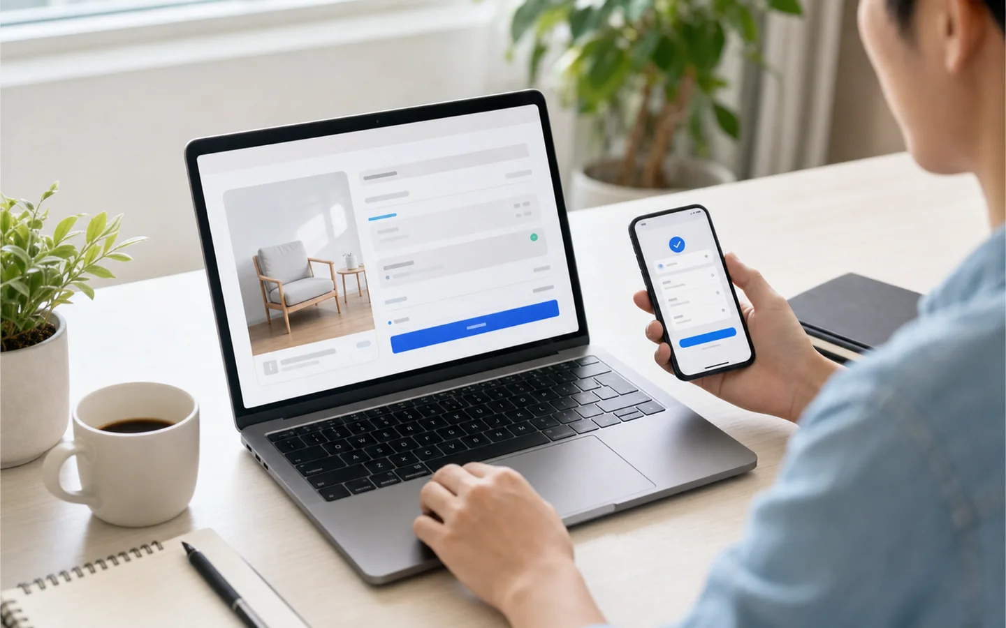 Customer reviewing a hosted stablecoin checkout on a laptop with a phone wallet nearby